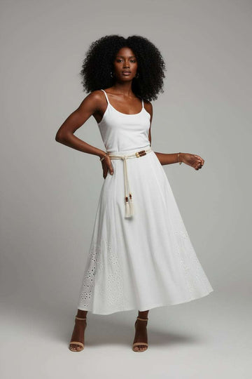 Ivory A Line Embrroidered Skirt With Breaded Belt Ivory Nawao.com