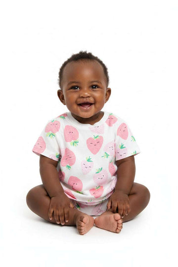Ivory All Over Strawberry Print Short Sleeves Tee Ivory 3 6 Months Nawao.com