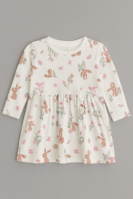 Ivory Bunny Floral All Over Print Interlock Dress Nawao.com