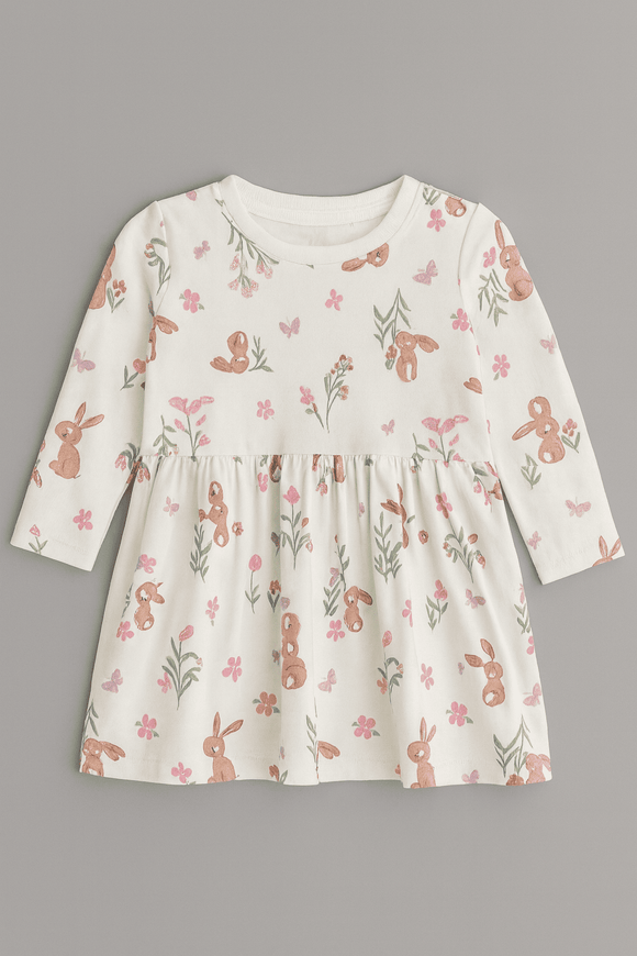 Ivory Bunny Floral All Over Print Interlock Dress Nawao.com