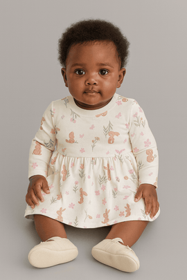 Ivory Bunny Floral All Over Print Interlock Dress Nawao.com
