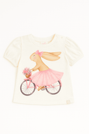 Ivory Bunny Placement Print Puff Sleeve Nawao.com