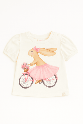 Ivory Bunny Placement Print Puff Sleeve Nawao.com