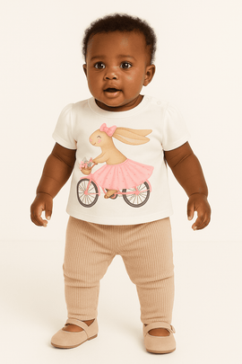 Ivory Bunny Placement Print Puff Sleeve Nawao.com