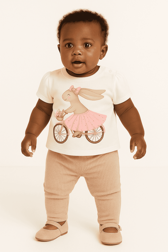 Ivory Bunny Placement Print Puff Sleeve Nawao.com
