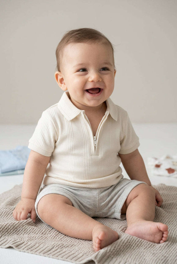 Ivory Drop Rib Short Sleeve Polo Ivory Nawao.com