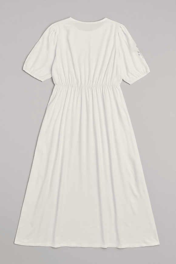 Ivory Embroidered Printed  Short Sleevesdress Nawao.com