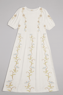 Ivory Embroidered Printed  Short Sleevesdress Nawao.com