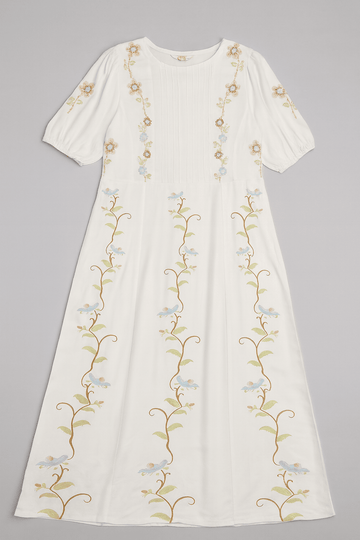 Ivory Embroidered Printed  Short Sleevesdress Nawao.com