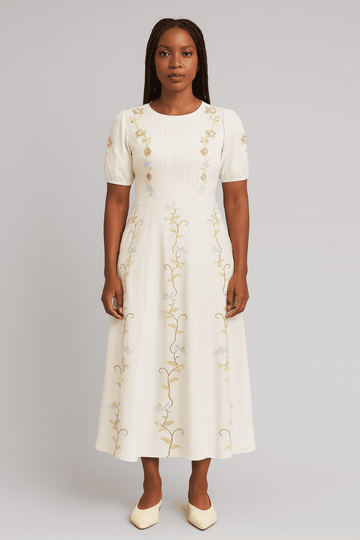 Ivory Embroidered Printed  Short Sleevesdress Nawao.com