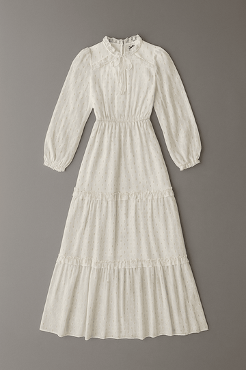 Ivory Frill Detailed Lurex Jacquard Dress Nawao.com