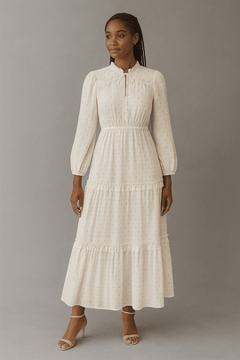Ivory Frill Detailed Lurex Jacquard Dress Nawao.com