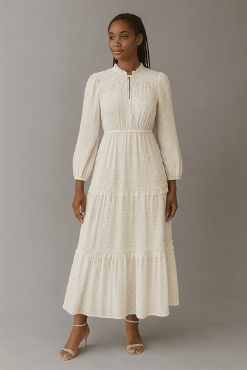 Ivory Frill Detailed Lurex Jacquard Dress Nawao.com