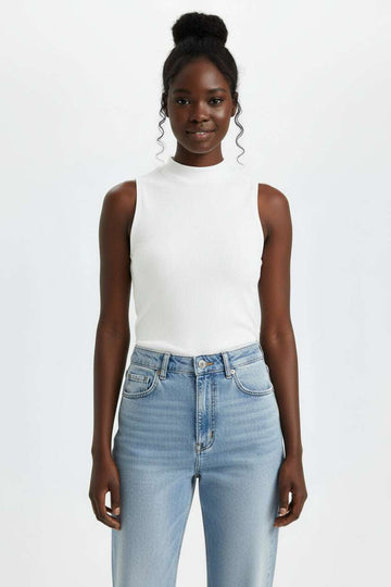 Ivory Rib Sleeveless Active T Shirt Nawao.com