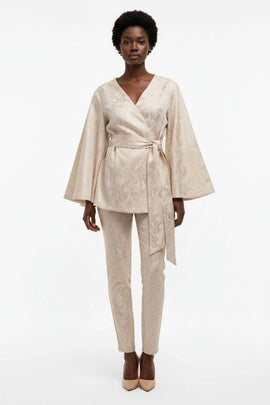 Jaquard Belted Open Front Shirt Beige Nawao.com