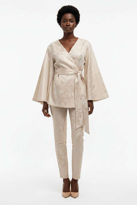 Jaquard Belted Open Front Shirt Beige Nawao.com