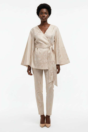 Jaquard Belted Open Front Shirt Beige Nawao.com