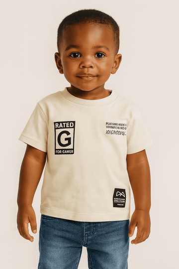 Junior Boys Beige Print With Badge Short Sleeve T Shirt Nawao.com
