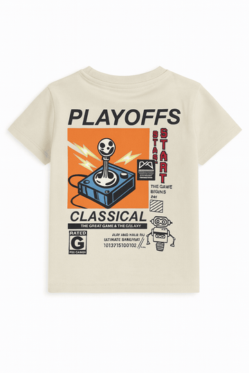 Junior Boys Beige Print With Badge Short Sleeve T Shirt Nawao.com