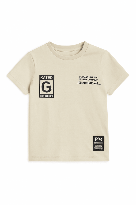 Junior Boys Beige Print With Badge Short Sleeve T Shirt Nawao.com