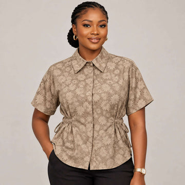 Khaki Jaquard Collared Button Front Blouse With Side Ruched Drawstring Details Brown Nawao.com
