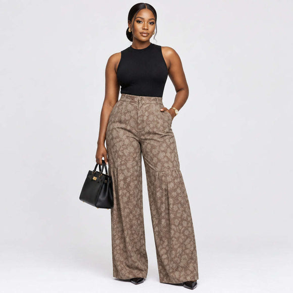 Khaki Jaquard Wide Leg Trousers With Side Panelling And Gather Details And Elasticated Back Brown Nawao.com