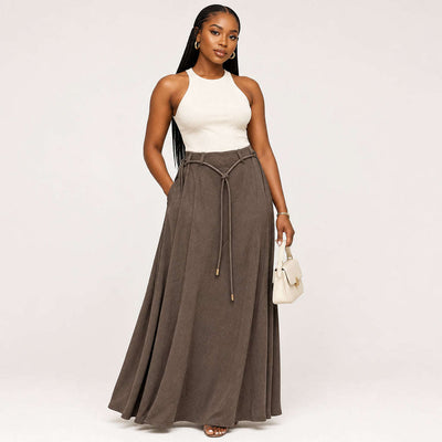 Knitted Flared Skirt With Belt Brown Nawao.com