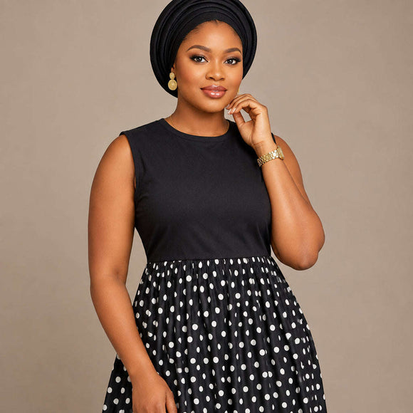 Knitted Yoke Pleated Midi Dress Black Nawao.com