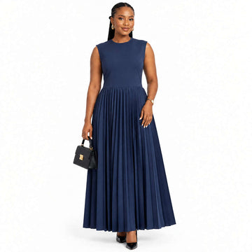 Knitted Yoke Pleated Midi Dress Navy Nawao.com
