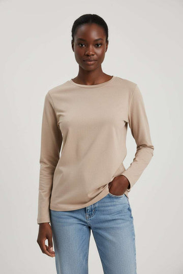 Light Brown Long Sleeve Crew Neck Tshirt Nawao.com
