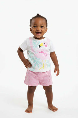 Light Pink Flamingo Print Short Set White Nawao.com