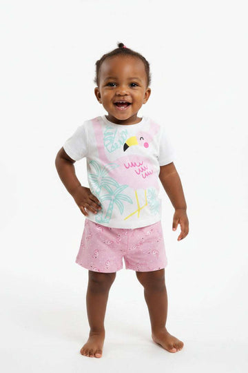 Light Pink Flamingo Print Short Set White Nawao.com