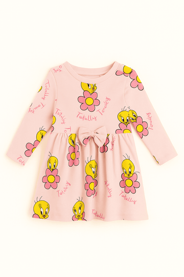 Light Pink Tweety All Over Print Long Sleeve Knit Dress Pale Pink Nawao.com