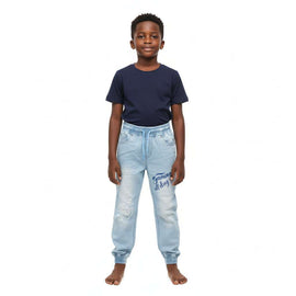 Light Wash Knit Denim Jogger Jeans With Emb And Print Light Wash Nawao.com