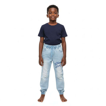 Light Wash Knit Denim Jogger Jeans With Emb And Print Light Wash Nawao.com