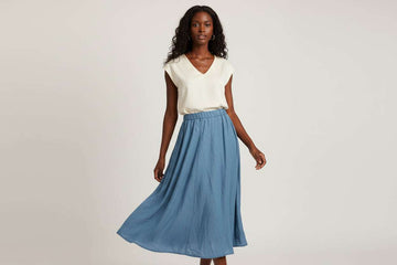 Light Wash Panel Detailed Belted Tencel Skirt Nawao.com