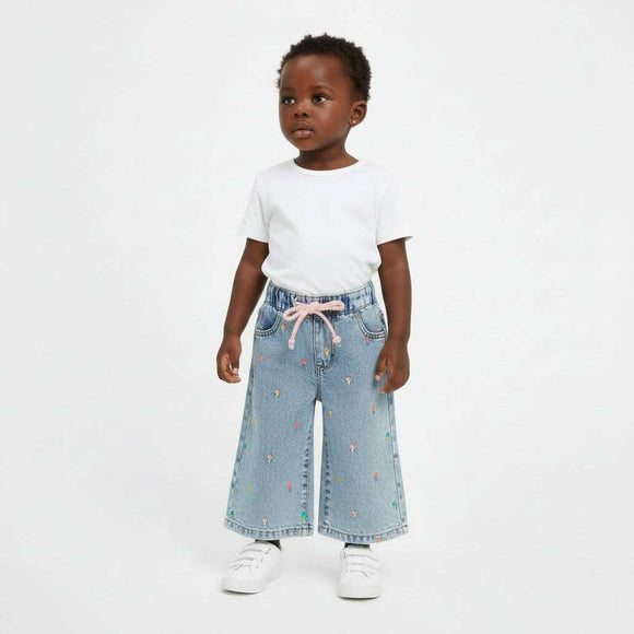 Light Wash Wide Leg Denim With Embroidery Nawao.com