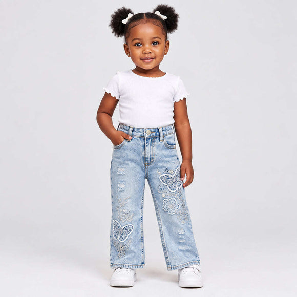Light Wash Wideleg Jeans With Butterfly Applique Light Wash Nawao.com
