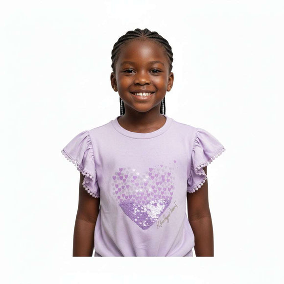 Lilac Graphic Print And Sequins At Chest T Shirt Nawao.com