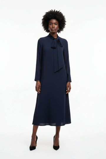 Long Length Bow Tie Dress Navy Nawao.com