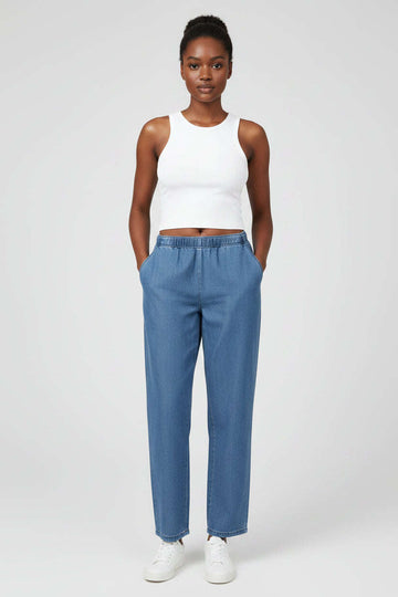 Long Length Elasticated  Pants Blue Nawao.com