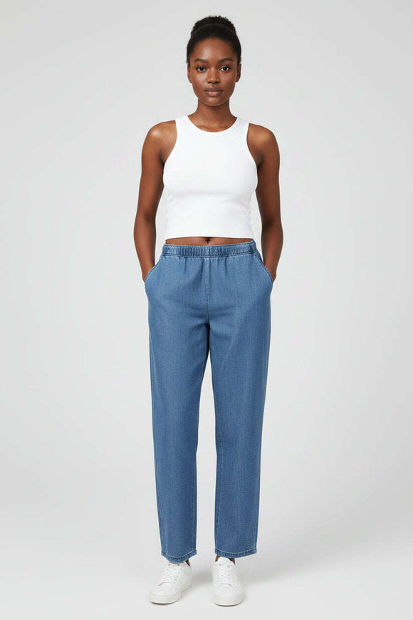 Long Length Elasticated  Pants Blue Nawao.com