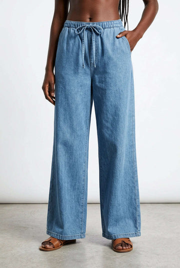 Long Length Elasticated  Pants Blue Nawao.com