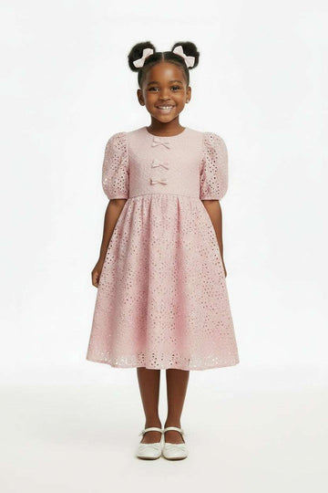 Lt Pink Laser Cut Dress With Front Bow Pale Pink Nawao.com