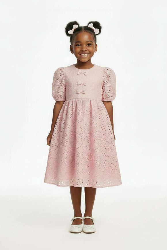 Lt Pink Laser Cut Dress With Front Bow Pale Pink Nawao.com