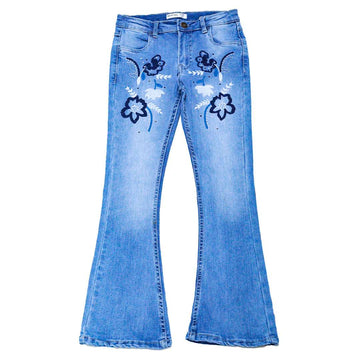 Lt Wash Flared Hem Jeans With Embroidery Light Nawao.com
