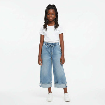 Lt Wash Wideleg Folded Hem Jeans With Belt Light Wash Nawao.com