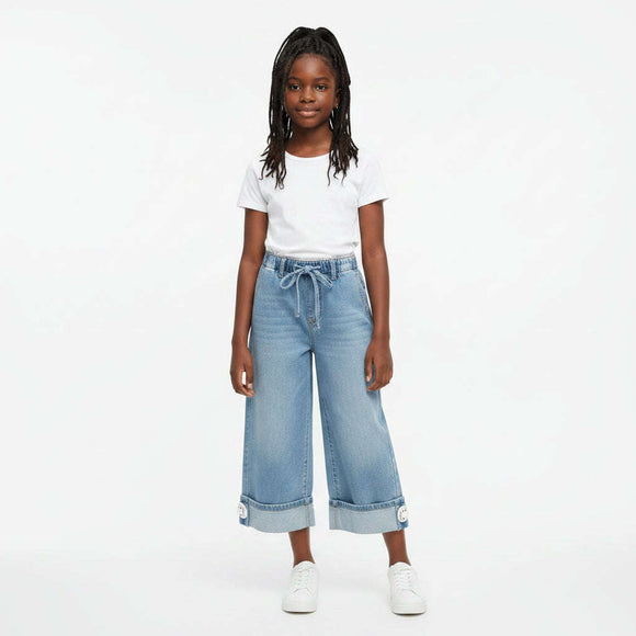Lt Wash Wideleg Folded Hem Jeans With Belt Light Wash Nawao.com