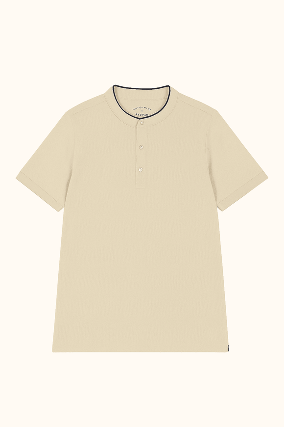 Mandrain Collar Polo Shirt Beige X Large Nawao.com