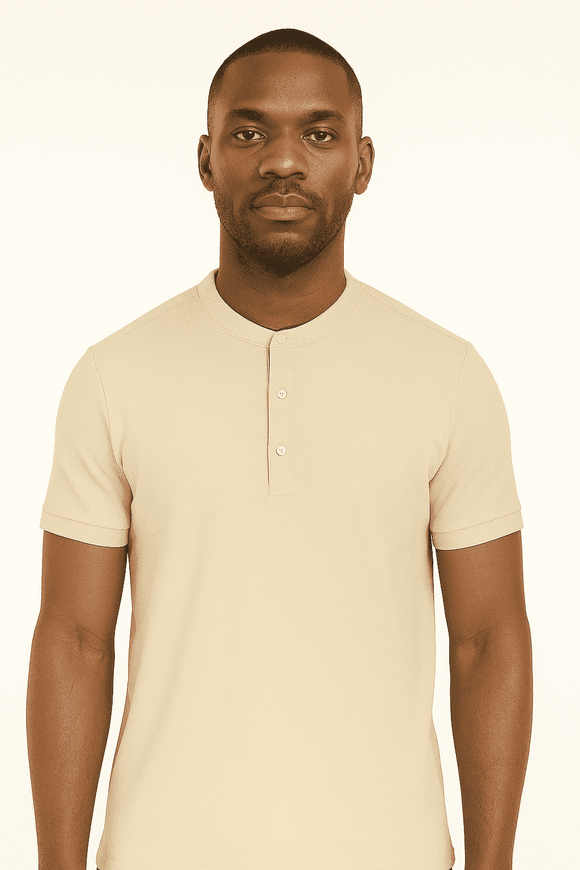 Mandrain Collar Polo Shirt Beige X Large Nawao.com
